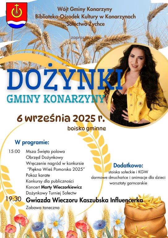 Dziś (6.09) odbędą się dożynki gminne w Konarzynach. Będą potyczki sołeckie i Kaszubska Influencerka