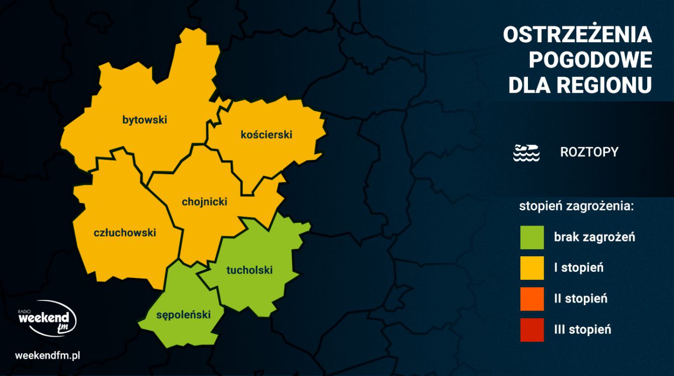 Marznące opady i roztopy. MGW wydał ostrzeżenia 1. stopnia dla naszego regionu